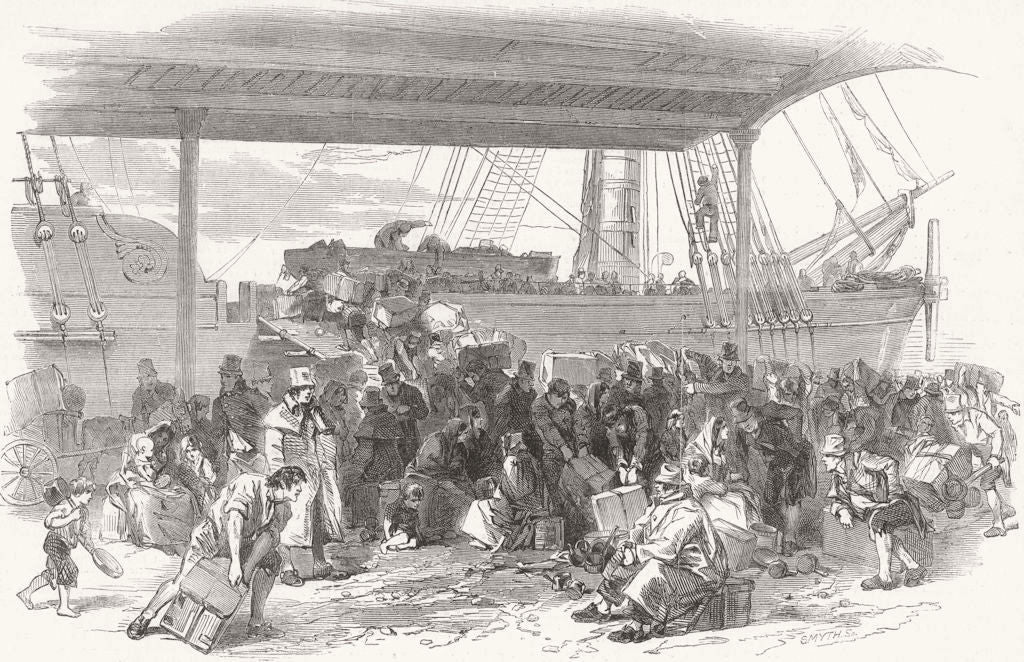 LANCS. The Embarkation, Waterloo Docks Liverpool 1850 old antique print